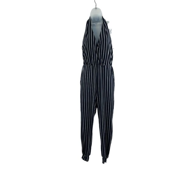 SuperFoxx Striped Navy White Halter Jumpsuit Women's Size XS Stretchy - Picture 1 of 16